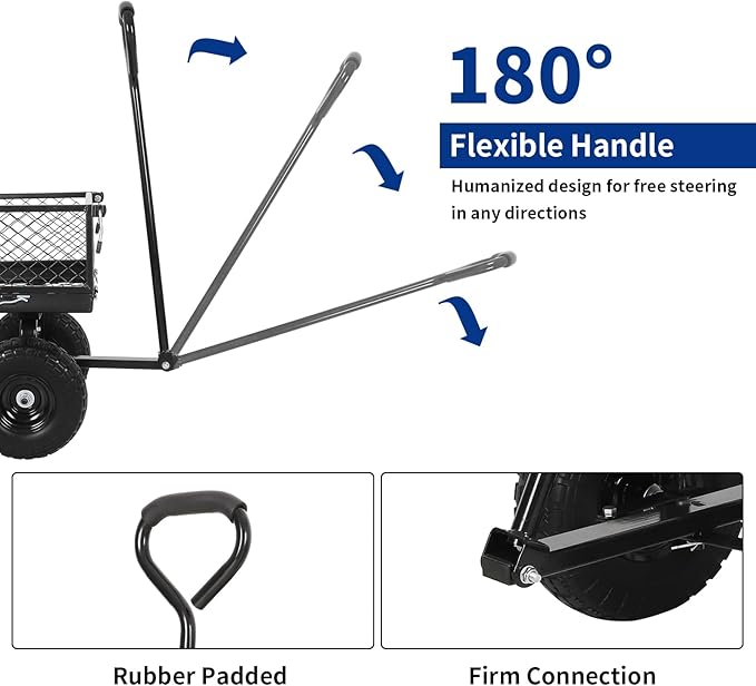 BILT HARD Flat Free Steel Garden Cart 400 Lbs, Heavy Duty Utility Wagon with Removable Mesh Sides, No-Flat Garden Carts and Wagons Flatbed, Black