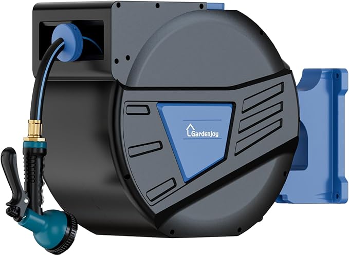 GARDENJOY Retractable Garden Hose Reel, 90 ft x 5/8 inch Heavy Duty Garden Hose with 180°Swivel Wall Mounted Bracket, 10 Pattern Sprayer Nozzle, Any Length Lock & Slow Return System