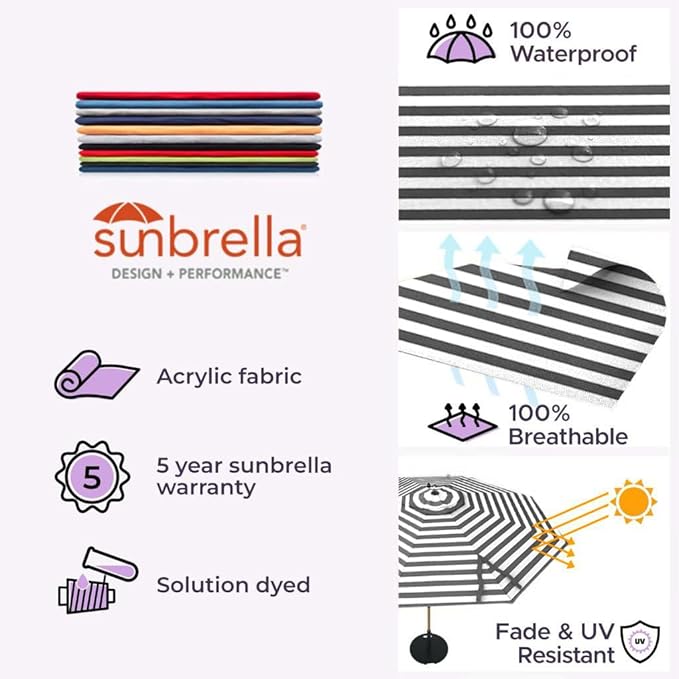 Midtown Umbrellas The Wooden 8 Feet Patio Umbrella With Sunbrella Black & White Acrylic Fabric - Aluminum Frame Market Umbrella For Backyard, Deck, Garden, Pool - Wooden Pole