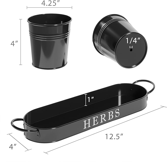 Barnyard Designs Indoor Herb Garden Planter Set with Tray, Metal Windowsill Plant Pots with Drainage for Outdoor or Indoor Plants, Set/3 (Black)
