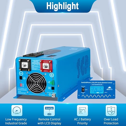 SUNGOLDPOWER 4000W DC 24V Peak 12000W Inverter Charger Pure Sine Wave, AC 120V with 50A Battery AC Charger, LCD Remote Control, Low Frequency Inverter, for Home, Camper, Truck