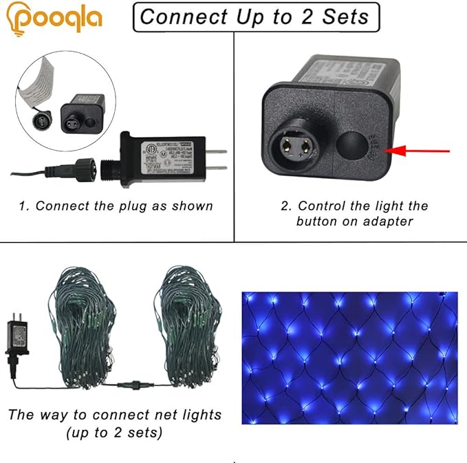 Pooqla Net Lights, 300LED Christmas Outdoor Mesh Light, 14.8x4.9 ft Fairy String Light with 8 Modes Green Wire, Connectable Waterproof for Bushes Tree Garden Halloween, Blue