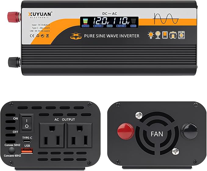 1000W Pure Sine Wave Inverter (2000W Peak), 12V/24V Auto-Detect, 50Hz/60Hz Switchable, LCD Display, Type-C Fast Charging, Silent Design, Overload & Overheat Protection for RV, Home (Black-1000W)