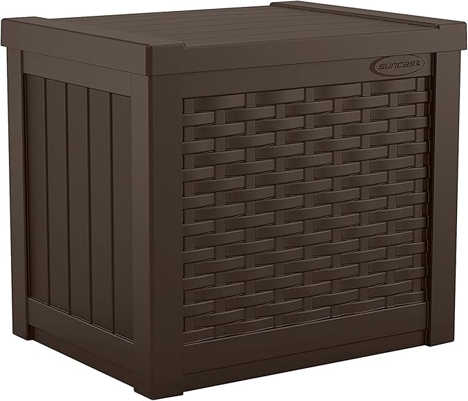 Suncast Small Outdoor Storage Box - 22 Gallon Java Resin Outdoor Deck Box, Flat-Lid Bench Seating, Patio Storage Bin Container for Organizing Tools, Cushions for Porch, Deck, Pool, & Garden