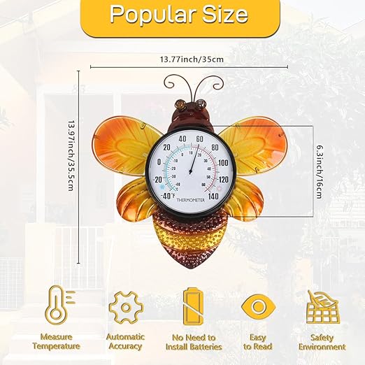 Indoor Outdoor Thermometer, Bee Wall-Mounted Thermometer Waterproof for Patio Garden Yard & Living Room, No Battery Needed