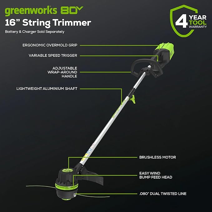 Greenworks PRO 16-Inch 80V Cordless String Trimmer, Battery Not Included ST80L00, Multicolor