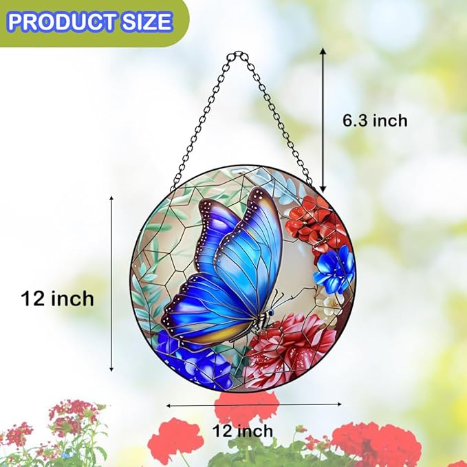 12 Inch Stained Glass Window Hanging,Large Butterfly Suncatcher, Stained Glass Suncatcher, Butterfly Home Wall Art Decor for Indoor Window, Hand Multicolor Panel Sun Catcher