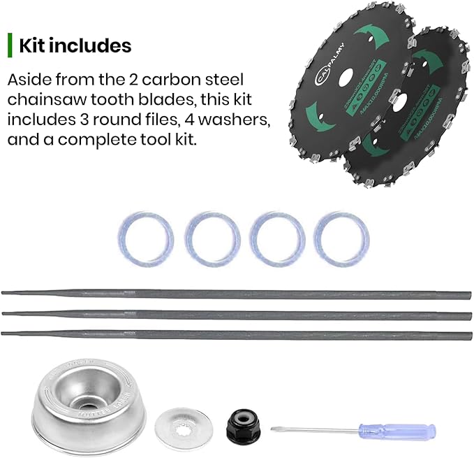 (2-Set) 9" x 20T Chainsaw Tooth Brush Blades Tool Kit, – 2 Blades, 3 Assorted Round Files and 4 Washers | for Cutter, Trimmer, Weed Eater | Made from Carbon Steel, Cuts Like Butter