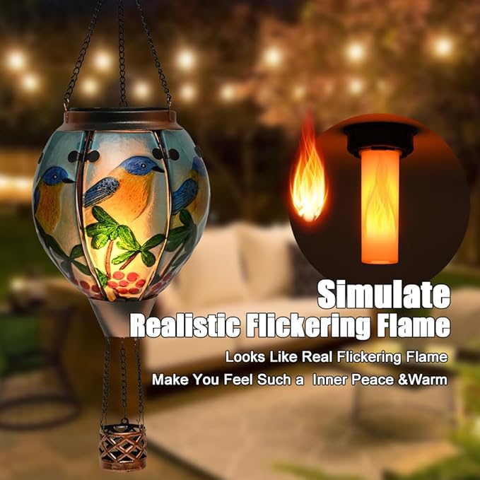 Hot Air Balloon Solar Lantern - Bluebird Glass Lantern, Simulated Flickering & Dancing Flame, Outdoor Hanging Yard Light Waterproof IP65 for Patio Lawn Porch Decor Gift