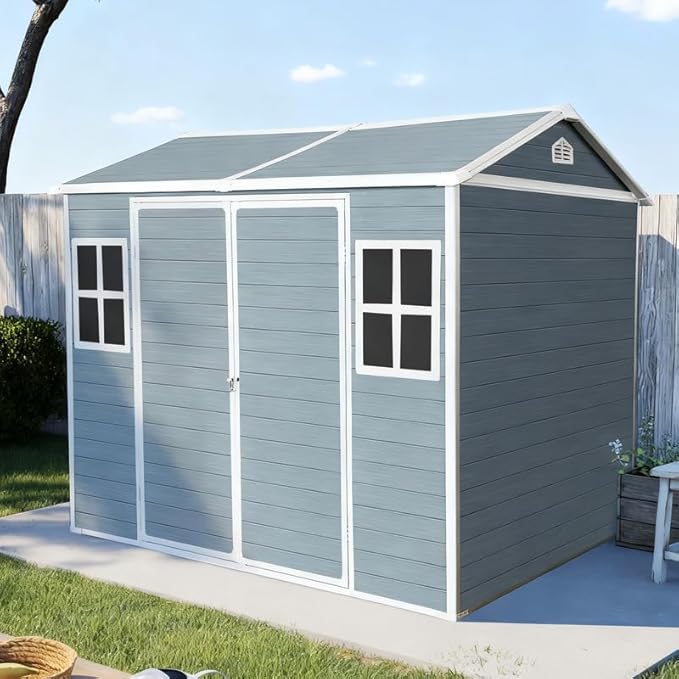 8x6 FT Resin Outdoor Storage Shed with Floor and 2 Windows, Outside Plastic Sheds Storage Clearance w/Lockable Door, Backyard Garden Tool House for Patio, Yard, Lawn, Bike, Gray