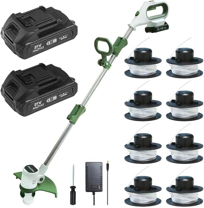 Cordless String Trimmer, Foldable Design with Adjustable Handle Trimmer Lawn, Weed Wacker with 2 x Batteries, Safe Reliable Edger Lawn Tool, Electric Weed Eater, White Green