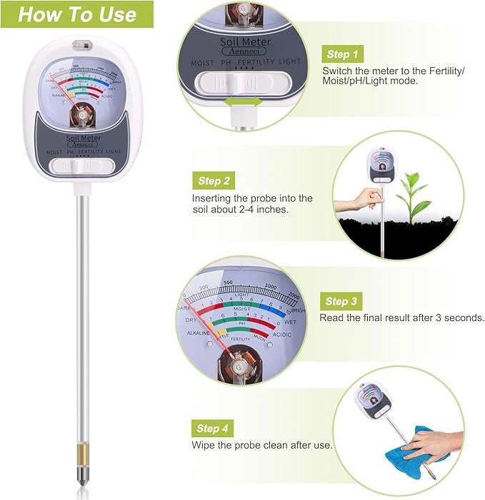 4-in-1 Soil Test Kit, Soil Moisture Meter for Fertility, Light, Moisture, PH, Soil pH Meter, Soil Tester, Moisture Meter for House Plants, Garden, Lawn, Farm, Indoor & Outdoor Use(White)