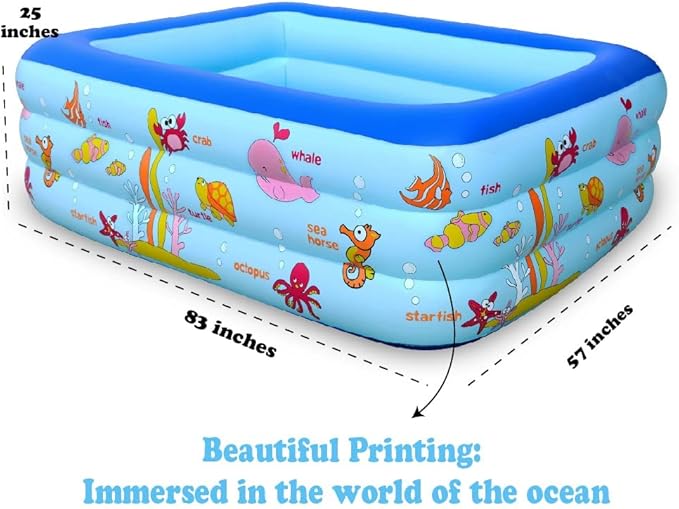 Inflatable Swimming Pool for Kids and Adults, 83" x 57" x 25" Kiddie Pool with Inflatable Soft Floor, Ocean World Family Blow Up Pool for Birth, Backyard, Garden, Party