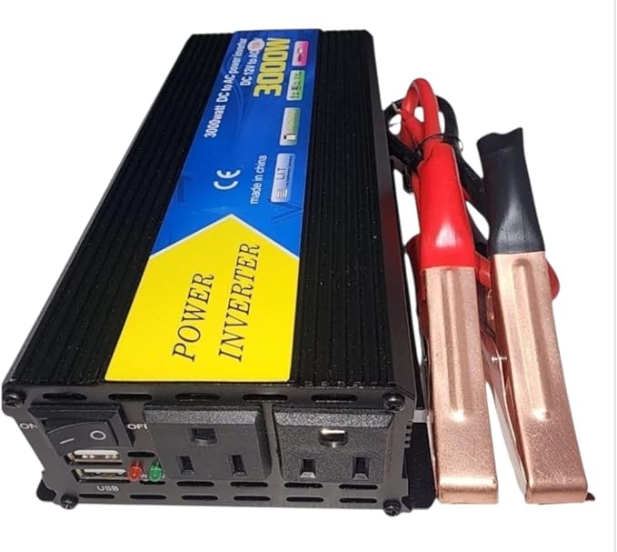 High-Power DC to AC Power Inverter – 12V to 110V/120V Converter with Dual USB Ports, Dual AC Outlets, Cigarette Lighter Adapter, Battery Cable for Cars, Trucks, RVs, Camping,Home Backup (Black, 3000W)