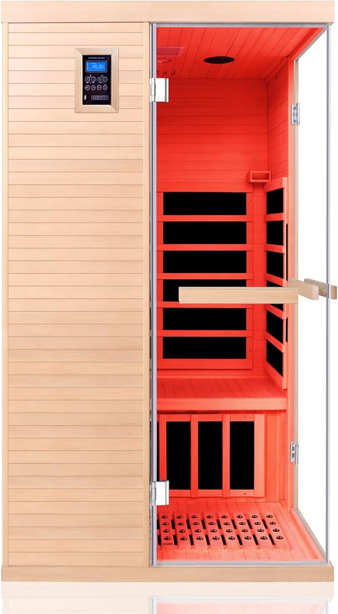 Far Infrared Sauna, 1-Person Canadian Hemlock Dry Sauna- 1350W Low EMF, 5 Heating Plates, Oxygen Bar, Chromotherapy, Bluetooth Speaker - 33.5x33.5x69in for Home Relaxation