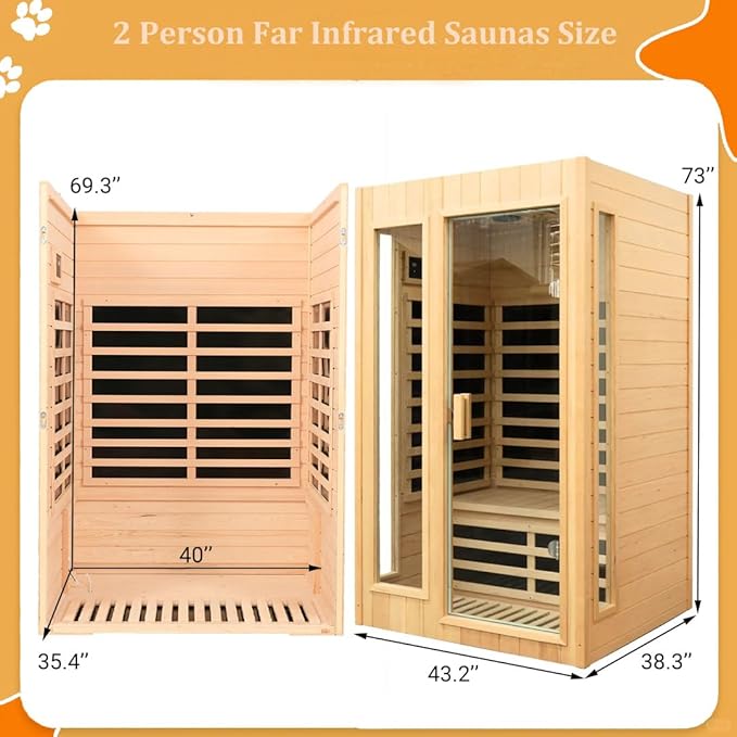 Infrared Sauna 2 Person, Low EMF Infrared Saunas for Home, Indoor Home Sauna Spa, Hemlock Wooden Sauna Room, 1500Watt, Bluetooth Speakers, Reading Lamps