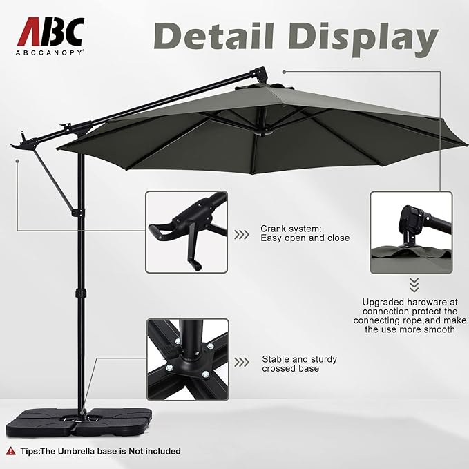 ABCCANOPY 10FT Cantilever Umbrella Offset Hanging Patio Umbrella with Base Stand Rotate and Tilt，Suitable for Garden, Lawn, Backyard（Dark Grey）