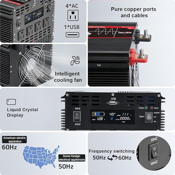 4000 Watt Pure Sine Wave Power Inverter with LCD 12V DC to 110V/120V AC Peak Power 8000W Car Power Inverter with 4 AC Outlets & 1 USB Port & Remote Control for Truck RV Car Solar System