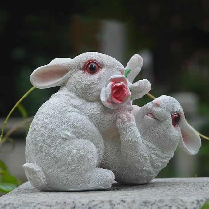 Garden Statues Bunny Decor Resin Flower Rabbit Figurine Cute Fairy Garden Decor Outdoor Statues for Patio Yard Porch Balcony Gifts for Women Mom Grandma White