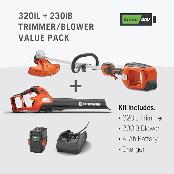 Husqvarna Weed Eater 320iL String Trimmer and 230iB Leaf Blower Bundle, Trimmer and Blower Combo with 4 Ah B140 Battery and 40-C80 Charger Included