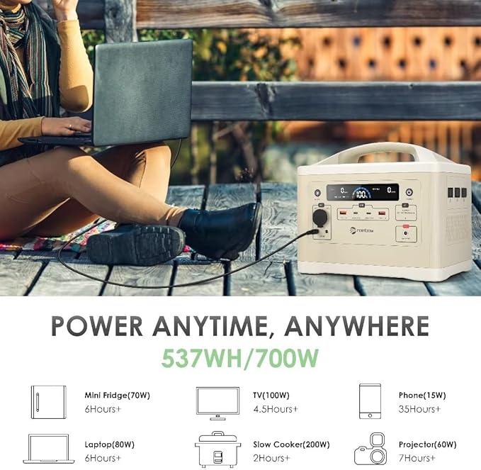 RAINBOW Portable Power Station 700W, 537Wh Backup LiFePO4 Battery, 3 x 110V/700W(Peak 1400W) AC Outlets, Solar Generator for Outdoor Camping, Quick Charge for Home, Hiking
