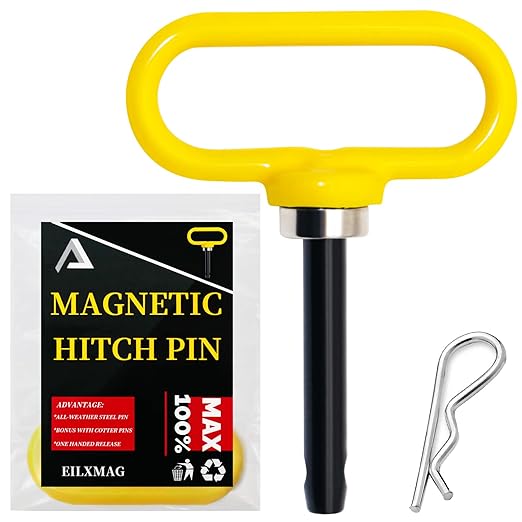 Magnetic Hitch Pin, Lawn Mower Trailer Hitch Pins 1/2 Inch - Strong Heavy Duty Magnet Trailer Gate Pin for Mowers, Lawn Tractors, Towing Cargo, ATV - Simple One Handed Hook On & Off（Yellow）