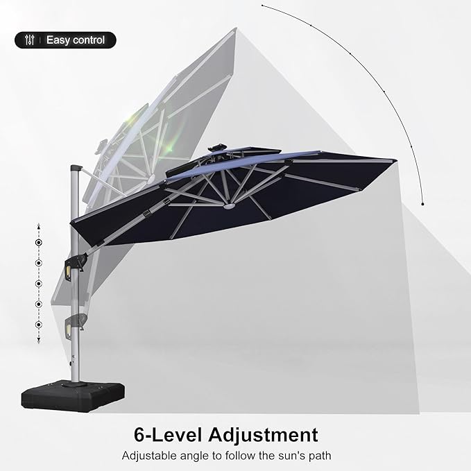 PURPLE LEAF 11ft Solar powered LED Patio Umbrella Outdoor Round Umbrellas Large Cantilever Umbrella with LED lights Windproof Offset Umbrellas Sun Umbrella for Garden Deck Pool Patio, Navy Blue