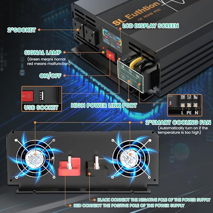 2000W Pure Sine Wave Power Inverter 12V DC to 120V AC 60HZ with LCD Display, USB Port, Wireless Remote Control（10M）, Solar, Outdoor
