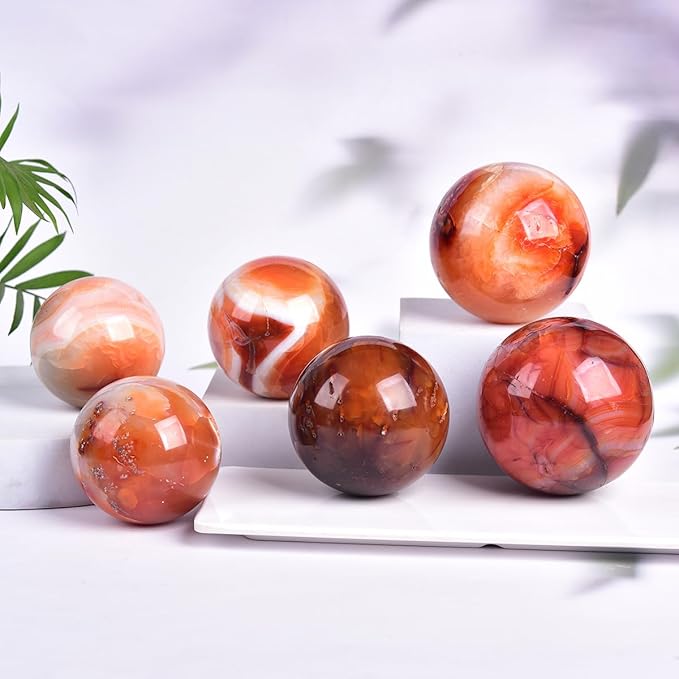 JIC Gem Madagascar Red Agate Crystal Ball Round Healing Crystals Decorative Sphere with Wooden Stand Meditation Home Decor 2.3-2.7 inch (60-70mm)