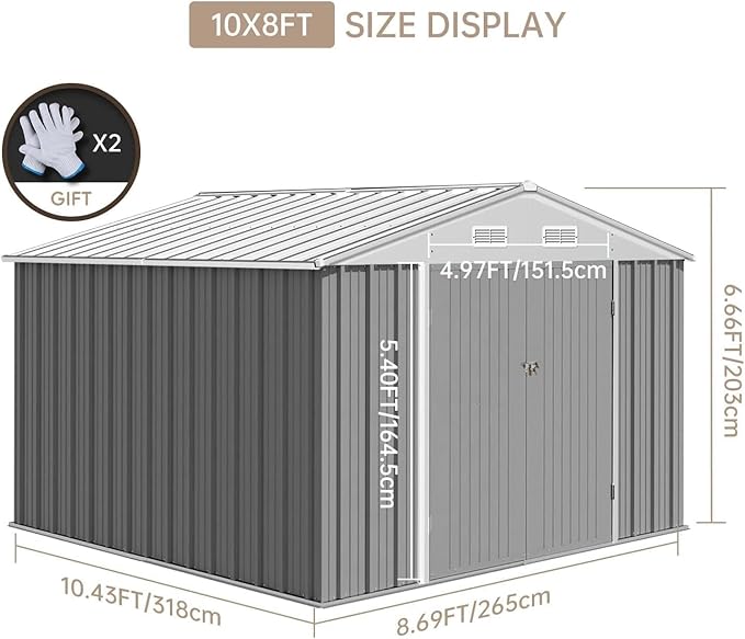 8X10FT Metal Outdoor Storage Shed - Galvanized Steel Waterproof Garden Shed with Lockable Doors & Vents, All-Weather Utility Tool Shed for Lawn Mower, Bike