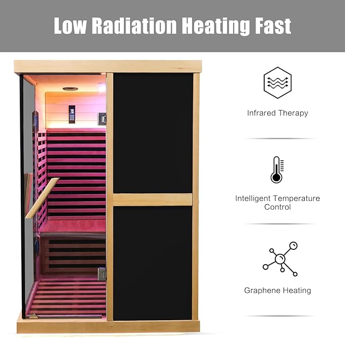 Far Infrared Sauna 2 Person Home Sauna Two Person Sauna 1980W/110V Low EMF Canadian Hemlock Wood Indoor Dry Sauna, With LCD Control Panel/APP/LED lights/Speaker/Grey Glass Door - 47.2*47.2*75.6 IN