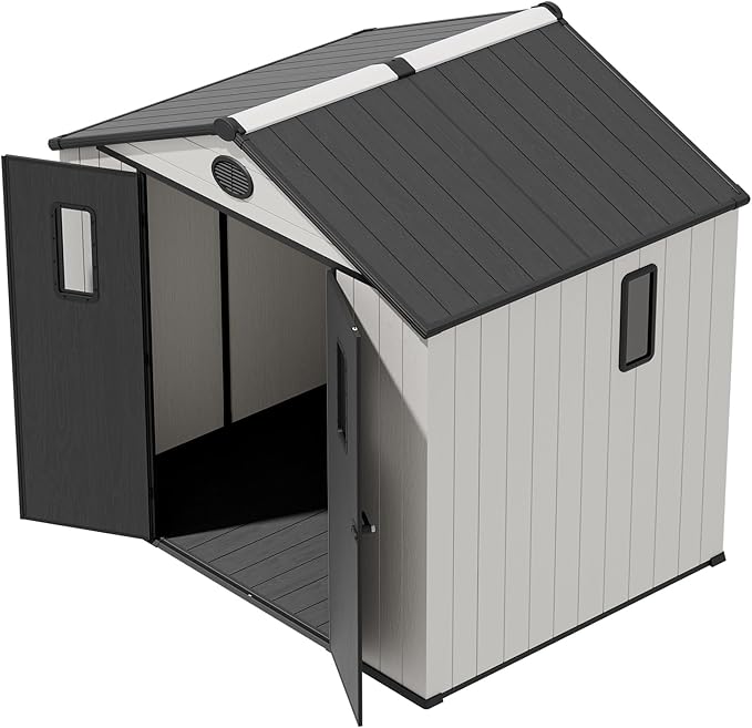 COOS BAY 8x6 Outdoor Resin Storage Shed with Floor, 2 Lockable Doors, All-Weather Durable Garden Shed for Tools & Equipment, White/Gray