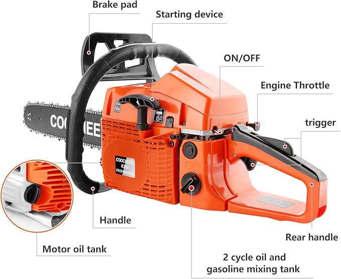 COOCHEER 62CC Gas Chainsaw 20 Inch, 3.5 HP 2-Stroke Chainsaw Gas Powered with Carrying Bag & Tool Kit, Chainsaws for Wood Cutting, Tree Trimming, Farm Use (Orange-Red)