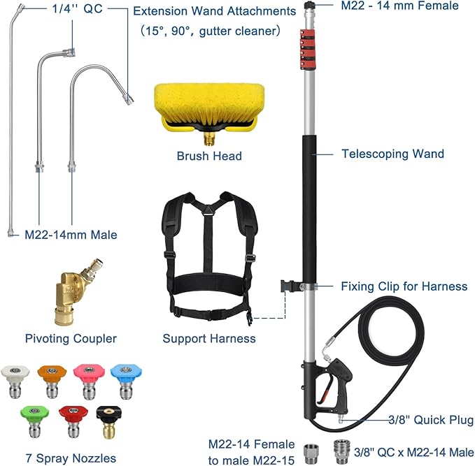 24FT Telescoping Pressure Washer Wand Kit - 2 Extension Poles, Gutter Cleaner, Brush, Pivoting Coupler & 7 Nozzles for Roof, Deck, Vehicle, Sidings
