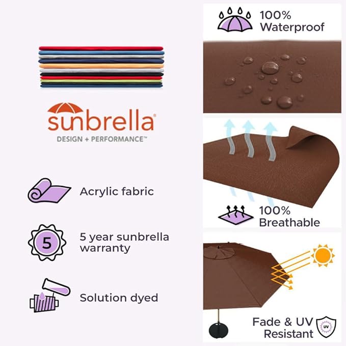 Midtown Umbrellas Sunbrella Umbrella Large Patio Umbrella 2-10 Feet in Bay Brown Acrylic Fabric - Auto-Tilt Aluminum Frame For Backyard Umbrella, Deck Umbrella & Porch Umbrella - Wooden Pole