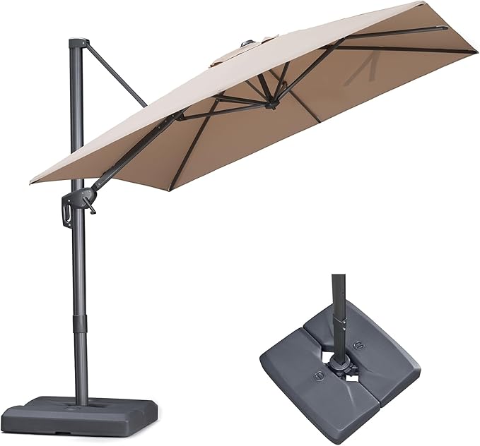 PURPLE LEAF 9 FT Outdoor Umbrella with Base Patio Cantilever Aluminum Umbrella with 3 Years Fade Resistance Recycled Fabric Offset Square with 360-degree Rotation for Deck Pool Garden, Sand Dune