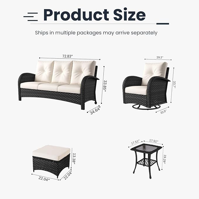 6 Pieces Patio Furniture Sets, Wicker Rattan High Back Outdoor Swivel Rocking Chairs Set with 3-Seat Couch, Ottomans and Side Table