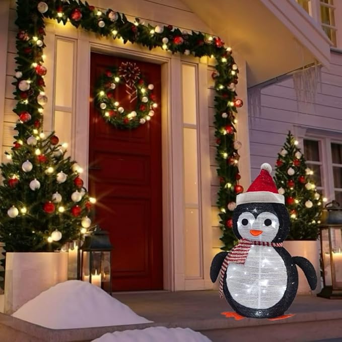 Lighted Christmas Penguin Decoration – Foldable & Collapsible Metal Frame, Battery Powered Waterproof Yard Ornament for Indoor & Outdoor Holiday Décor