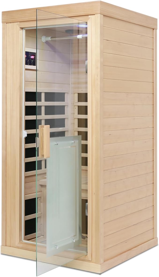 Infrared Sauna for Home One Person Far Infrared Hemlock Standard Indoor Sauna Room with Bluetooth Audio, Reading Light, Natural