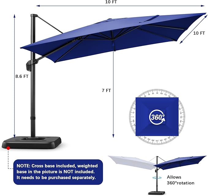 Hotime 10ft Patio Umbrella Outdoor Patio Windproof and Height adjustable, Heavy Duty Aluminum Square Offset Patio Umbrella Cantilever Pool Umbrella with 360°Rotation for Garden Deck Pool, Dark Blue