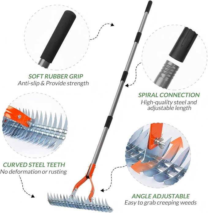 Thatch Rake for Lawn - 40" to 70" Adjustable Dethatching Rake, Heavy Duty Metal Thatching Tool for Turf Garden Maintenance