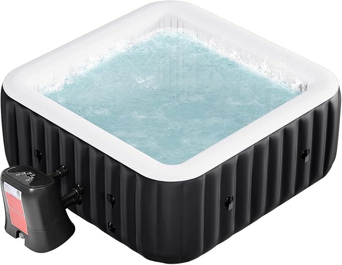 Blow Up Inflatable Hot Tub, 4-6 Person Large Square Portable Hot Tub, Leak-Proof PVC Outdoor Spa with 130 Air Jets, Heater Pump and Insulated Cover, 73” X 73”X 25”