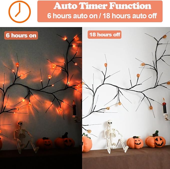 Halloween Decor Lights 6.5 Ft 54 LED Willow Vine Twig with Timer Battery Operated Garland Light 18 LED Pumpkins and 36 Orange Lights Halloween Party Scary Decoration for Home Wall Fireplace