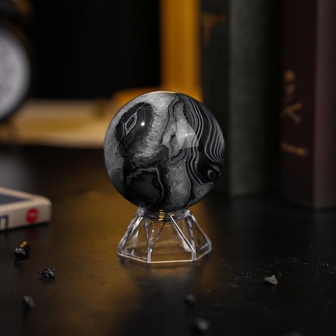 Natural Black Striped Agate Crystal Ball with Acrylic Display Base, 50-60mm Polished Stone Feng Shui Crystal Sphere Meditation Decoration for Home & Office