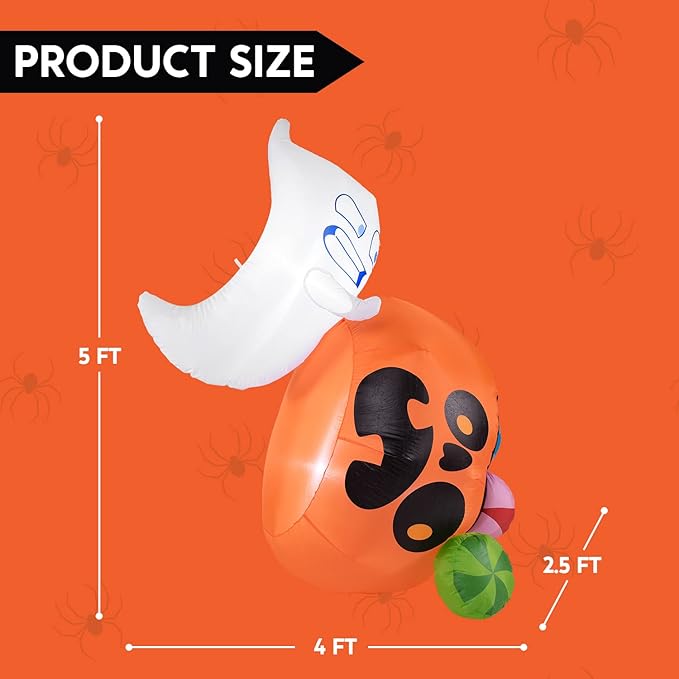 Joiedomi 5 ft Tall Halloween Inflatable Outdoor Decoration, Halloween Blow Ups Cute Ghost Halloween Decorations with Pumpkin Candy Bag with LEDs for Yard Decor