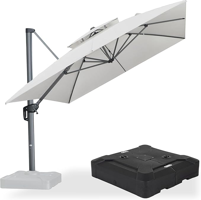 PURPLE LEAF Cantilever Umbrella with Base Included 10' X 13' Outdoor Double Top Large Rectangle Umbrella Heavy Duty 360° Rotation Offset Sun Shade for Garden Patio Deck Pool Canvas Natural