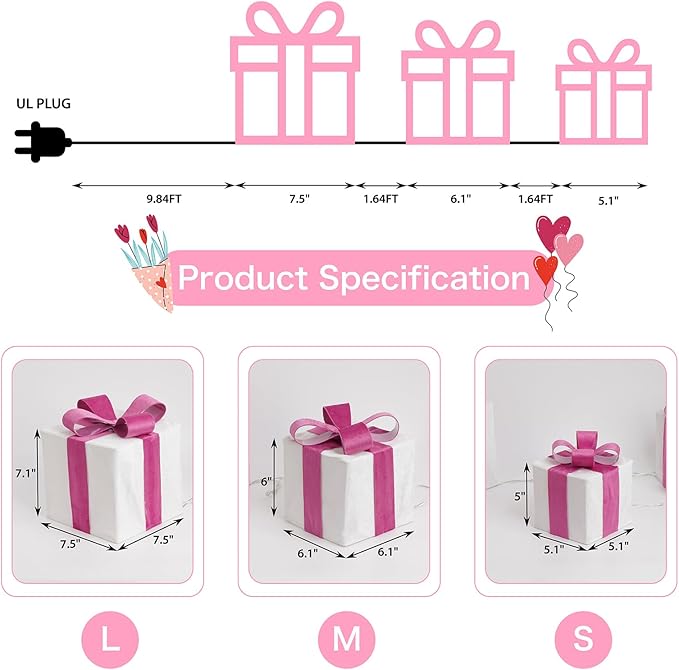 Set of 3 Lighted Gift Boxes, Plug-in 60 LED Light Up Pink Present Boxes for Christmas Decorations Indoor Home Wedding Holiday Birthday Party Porch (Pink Bow)