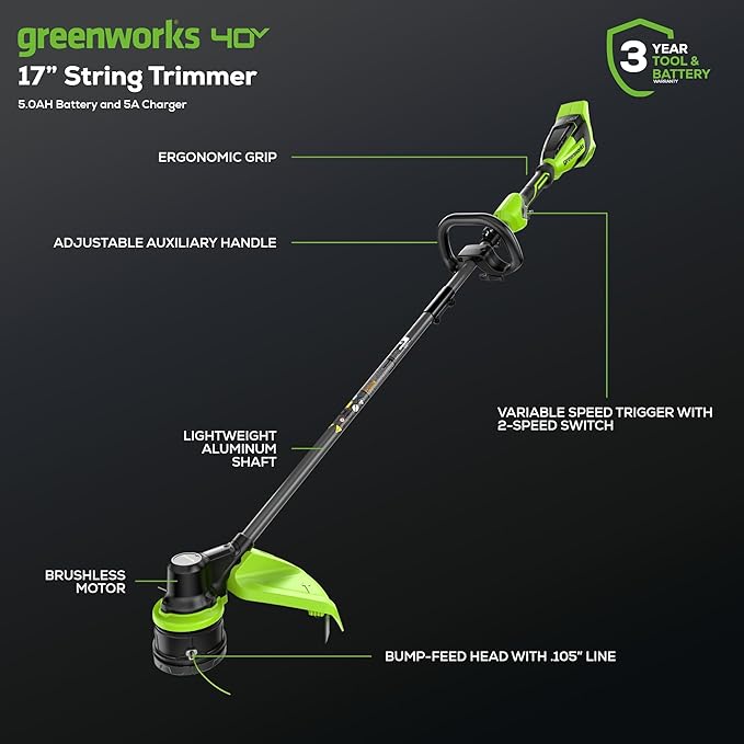 Greenworks 40V 17" Brushless Cordless String Trimmer/Weed Wacker, 5.0Ah Battery and Charger Included
