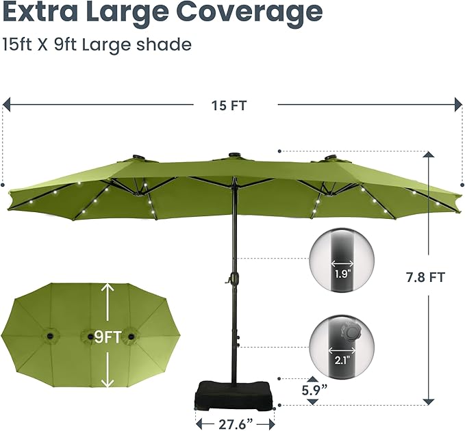 PHI VILLA 15 ft Umbrella Outdoor Patio Solar Lights with Base, Outdoor Double-Sided Large Market Rectangle Umbrellas with 36 LED Lights, Lime Green