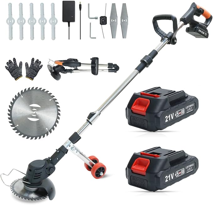 Cordless Weed Wacker with Wheels, Electric Weed Eater, 2 Batteries, Lightweight Grass Trimmer for Lawn, Garden and Yard Maintenance